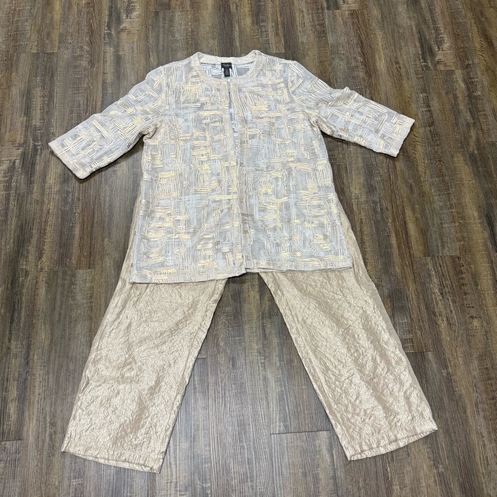 Chico's Metallic Gold Cream Travelers Pant Mesh Jacket Set Mother of the Bride - Picture 5 of 16